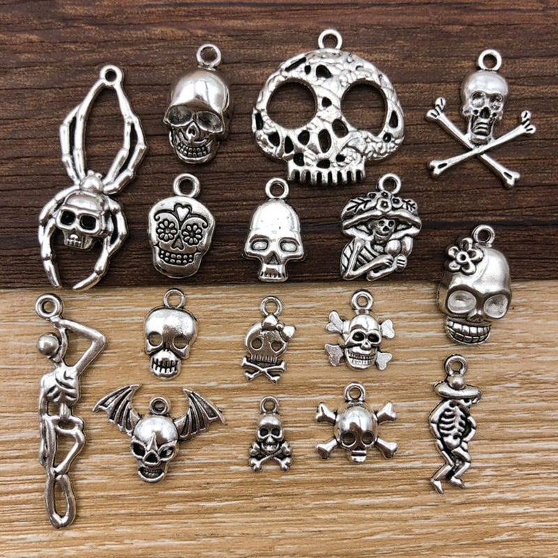 ALIMITOPIA Skull Head Charm Skeleton Bone Halloween DIY Jewelry Making Charm Pendant for Punk Necklace Bracelet Accessaries(32pcs;Silver Tone) - Image 4